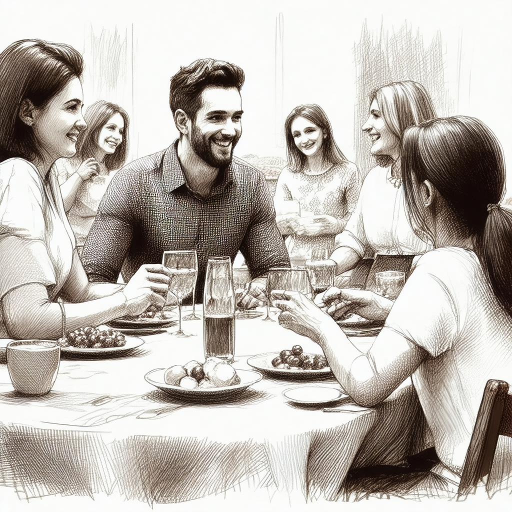 Black and white drawing of a group of people sitting arou...