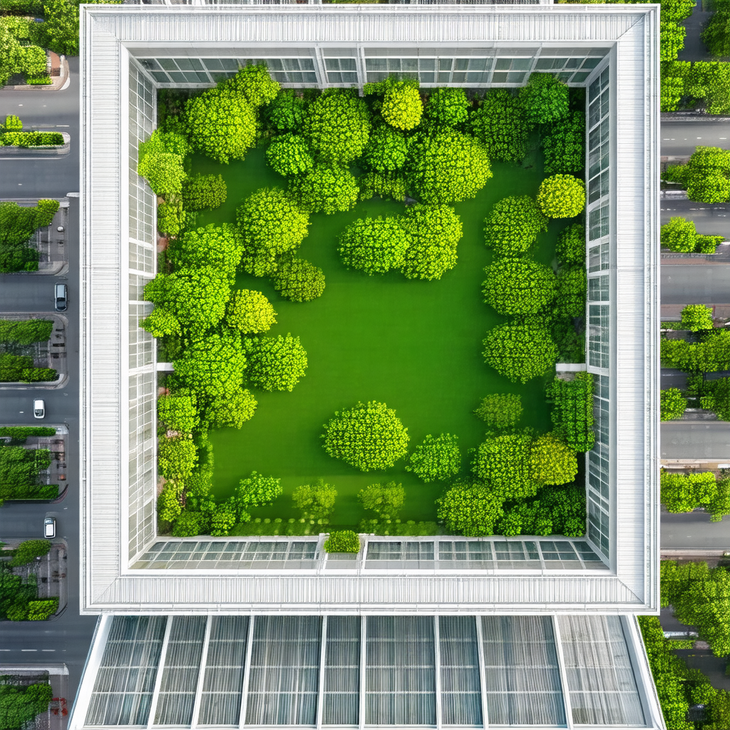 Large building with a green roof, surrounded by trees