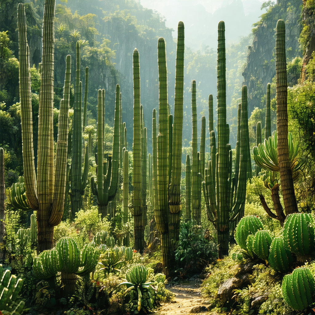 Lush green forest filled with tall cacti