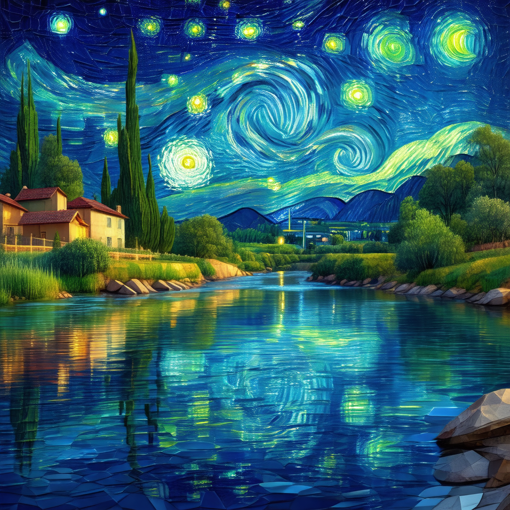 Painting of a serene night scene featuring a river with a...