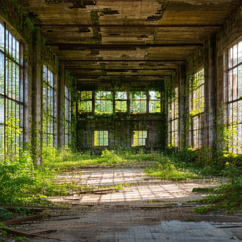 Large, abandoned building with a lot of green ivy growing...