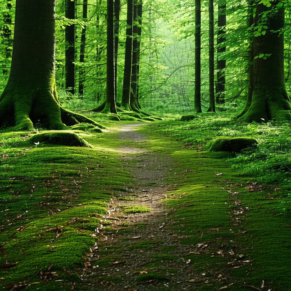 Lush green forest with a dirt path running through it