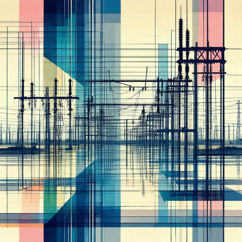 Blue and white painting of a cityscape featuring power li...