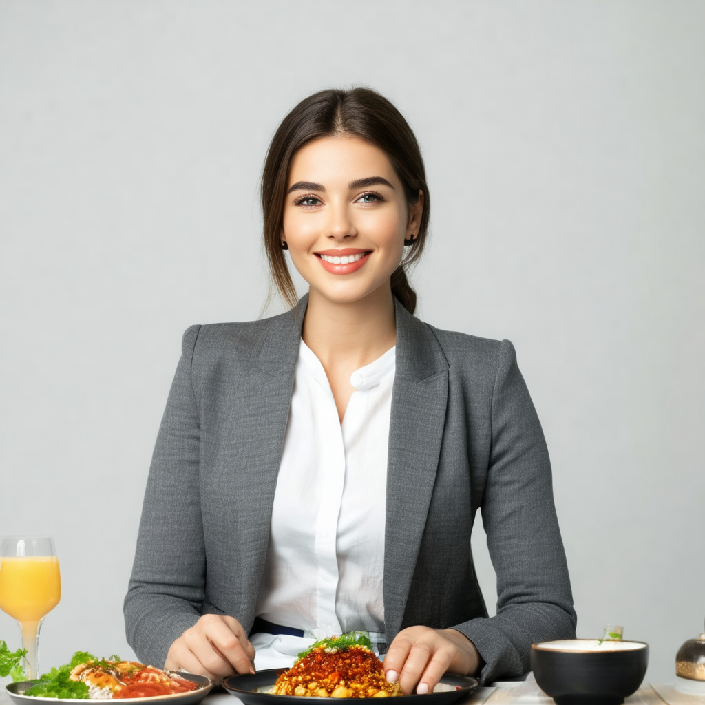 Woman wearing a suit and tie, sitting at a dining table w...