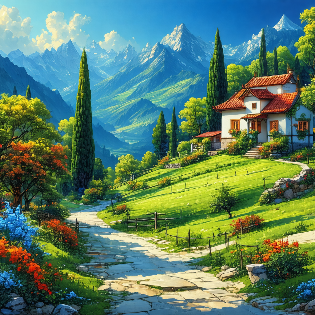 Painting of a beautiful mountainous countryside with a ch...
