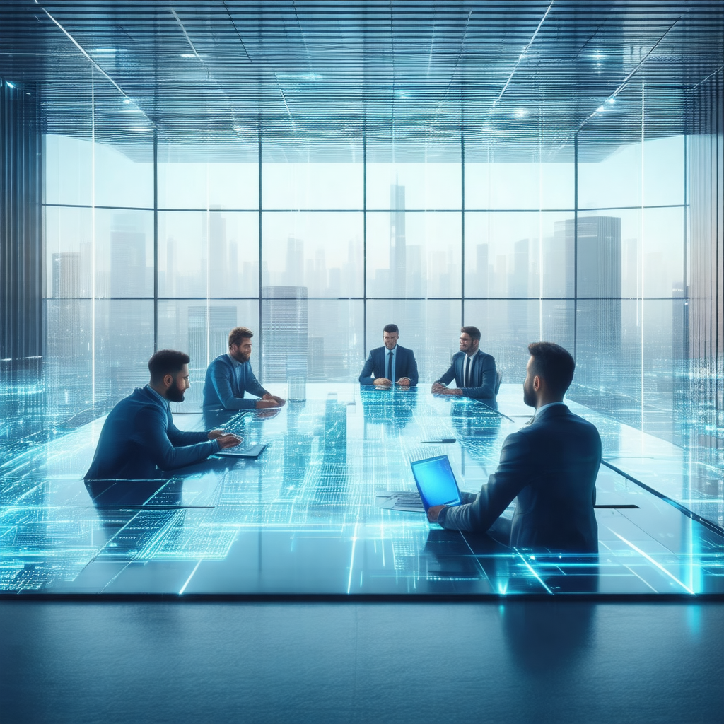 Group of five men sitting around a large, blue-lit table ...