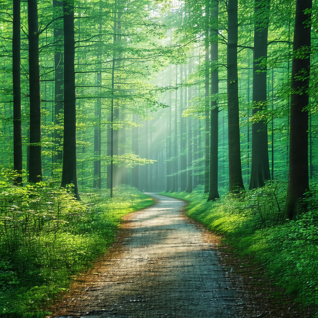 Serene forest scene with a dirt road running through it