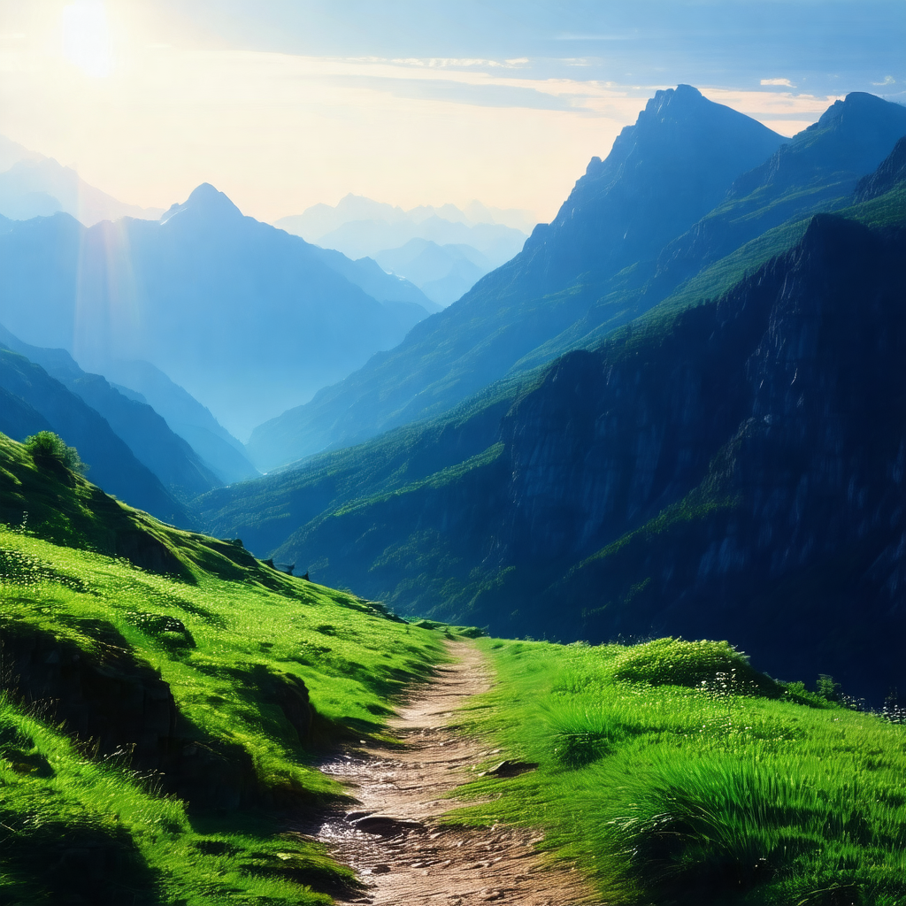 Beautiful mountain landscape with a trail leading up the ...