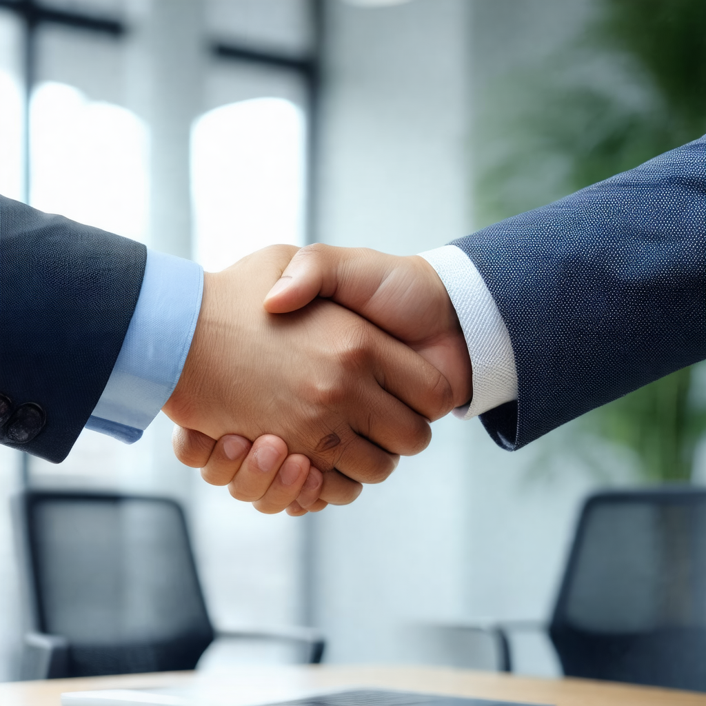 Man and a woman shaking hands in a professional office se...