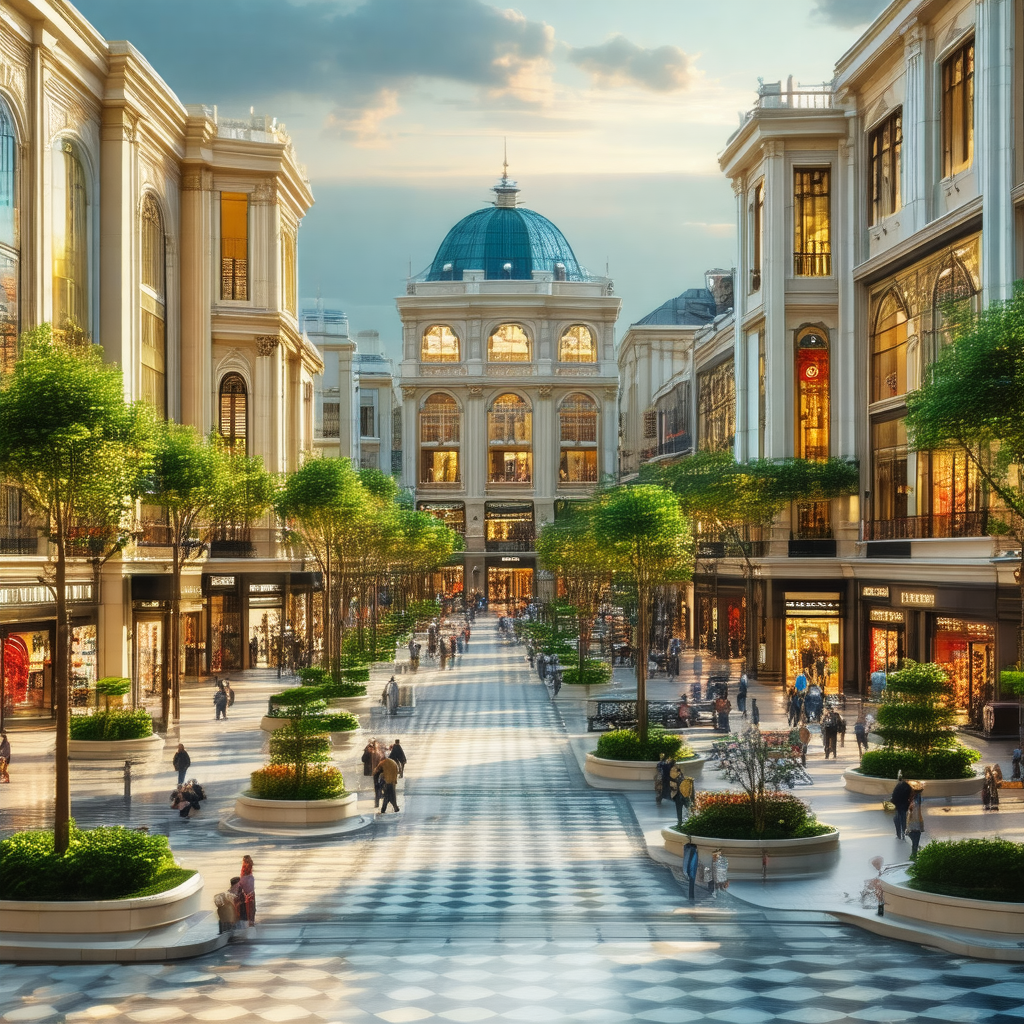 Bustling city street filled with people walking and shopping