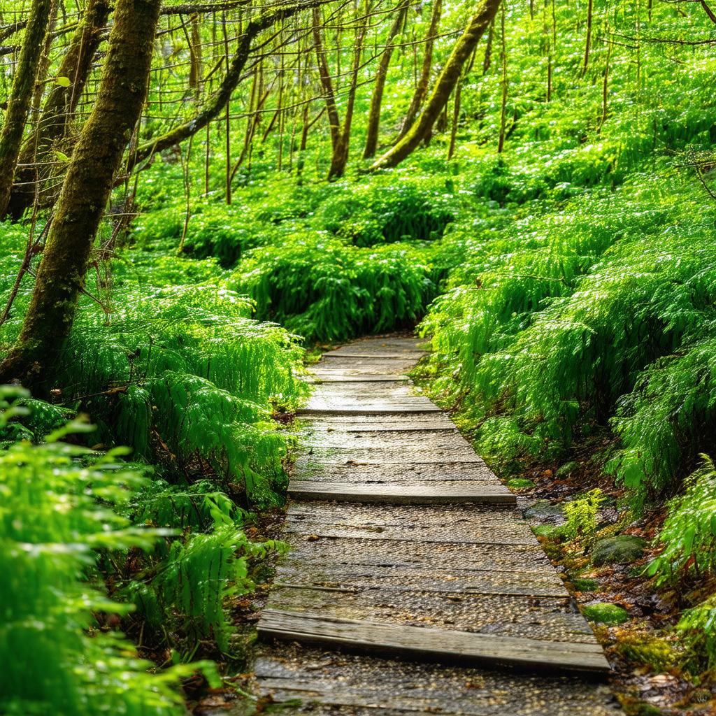 Narrow, dirt path surrounded by lush greenery