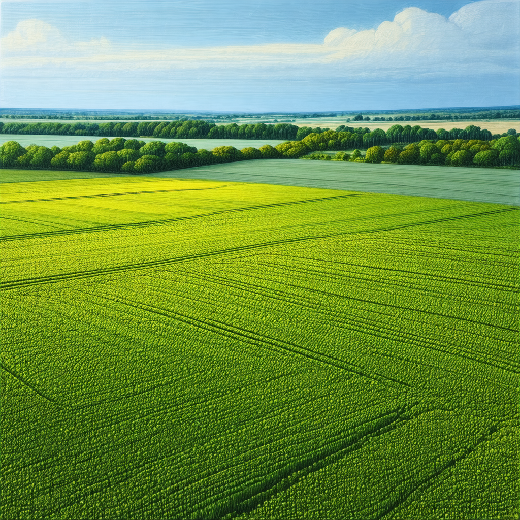 Large, lush green field with a variety of trees scattered...
