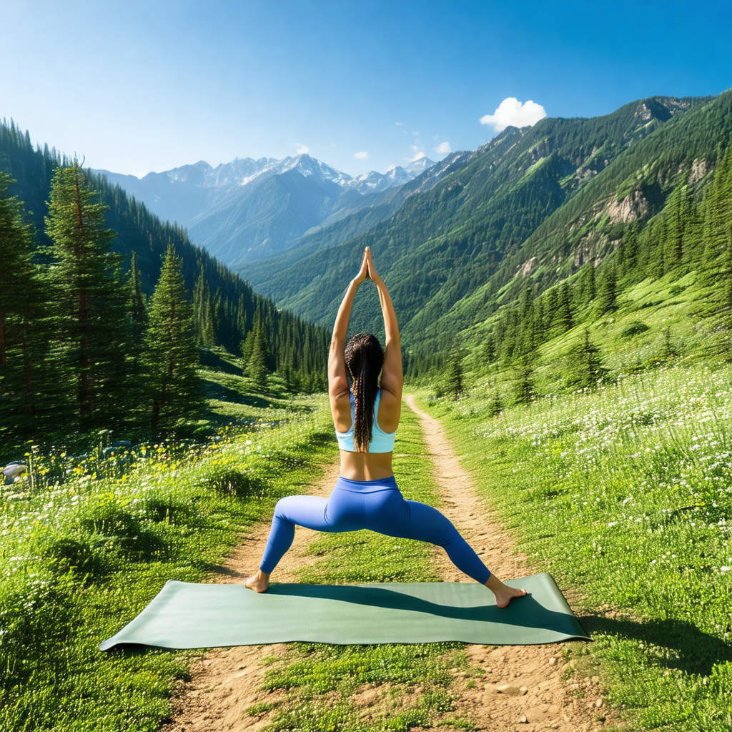 Woman in a blue tank top and blue leggings, standing on a...