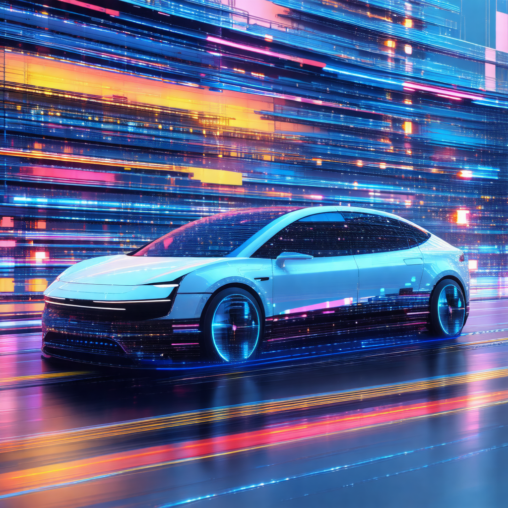 Sleek, modern electric car driving down a street at night