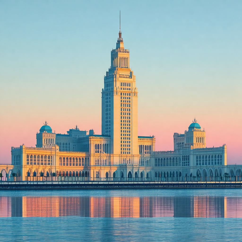 Large white building with a tall tower, which appears to ...