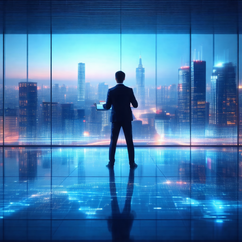 Man standing in a room, holding a tablet computer