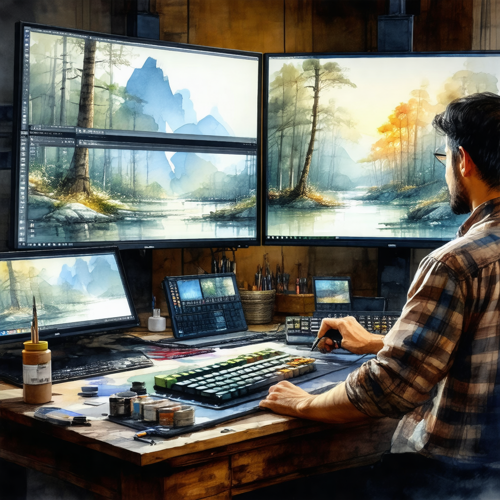 Man sitting at a desk with multiple computer monitors in ...
