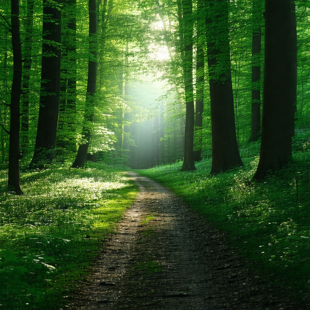 Serene forest scene with a dirt path running through it