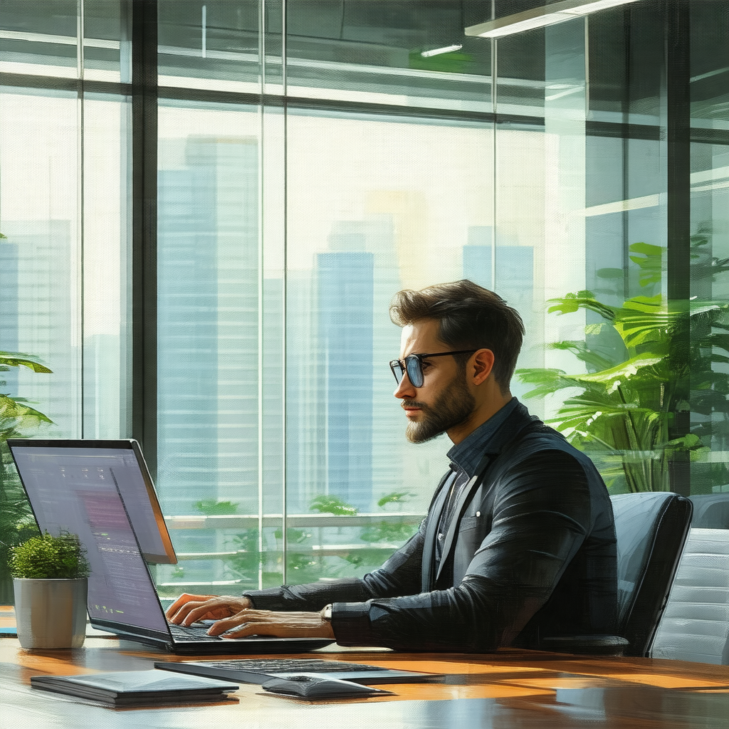 Man sitting at a desk in an office, working on a laptop c...