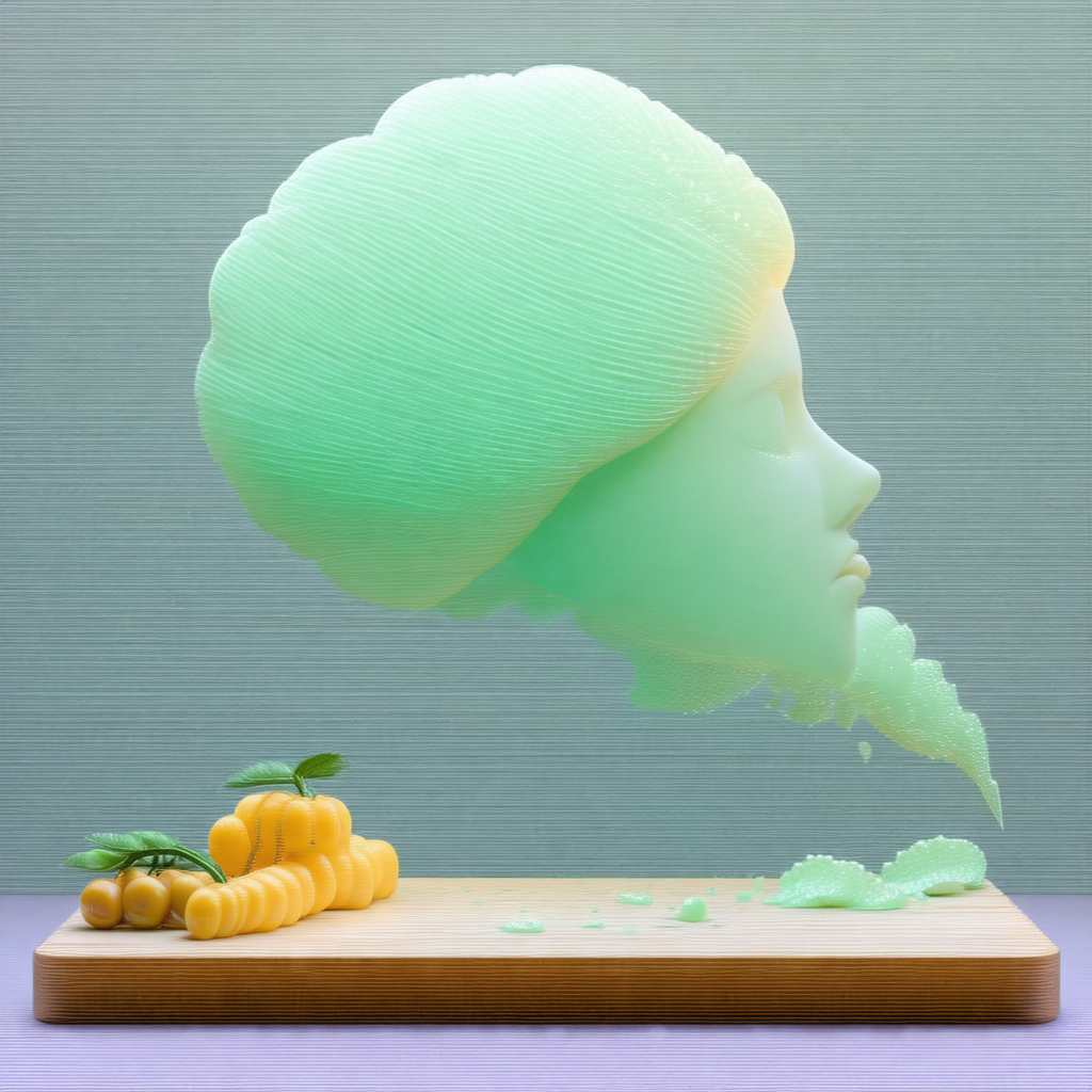 Green, three-dimensional sculpture of a woman's head, whi...