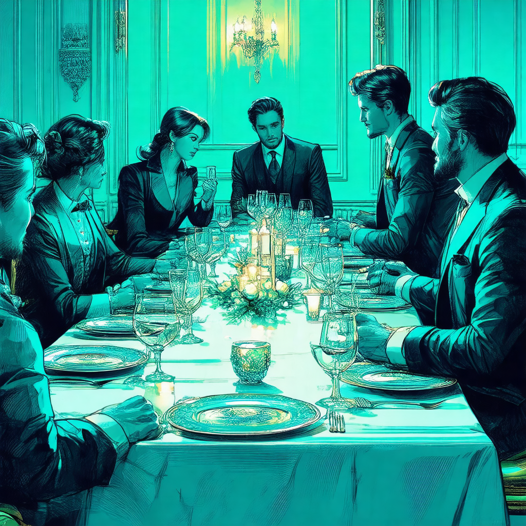 Colorful, artistic depiction of a group of people gathere...