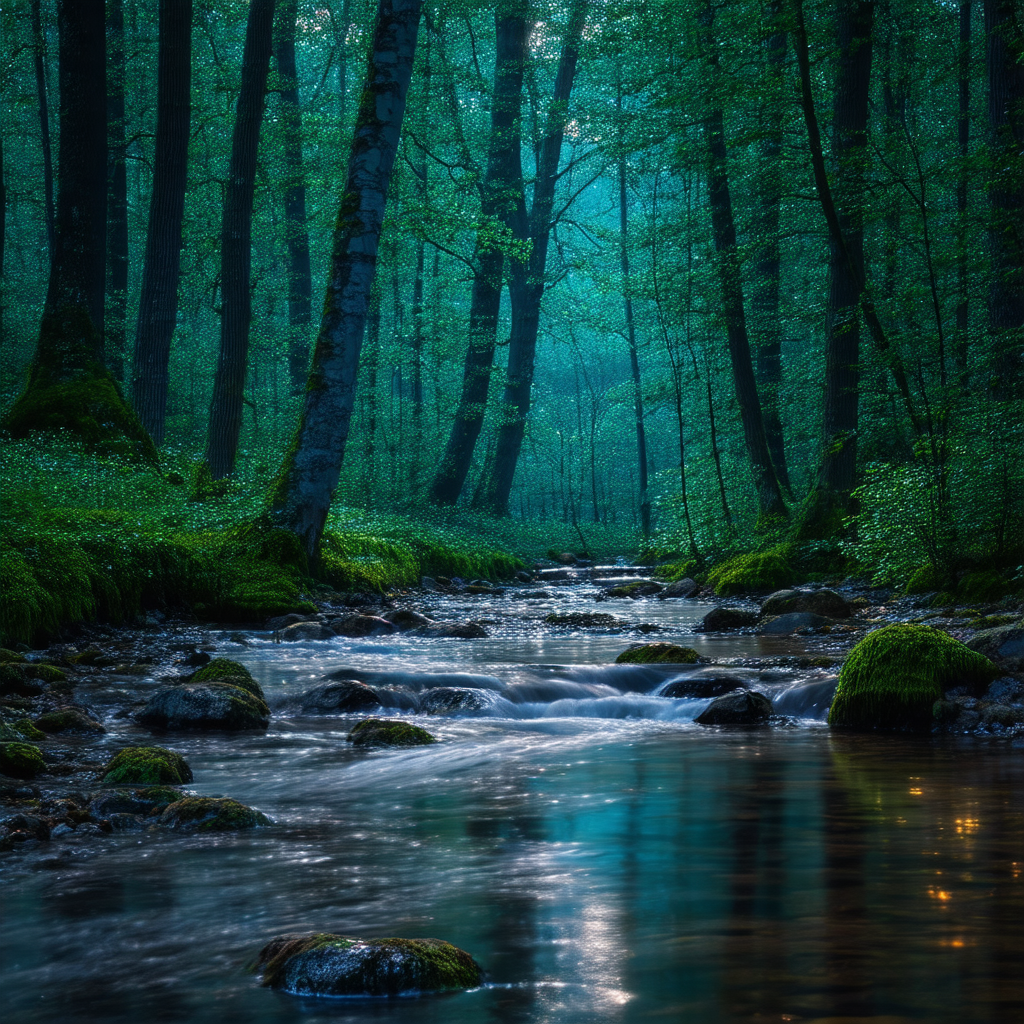 Serene forest scene with a small stream flowing through t...