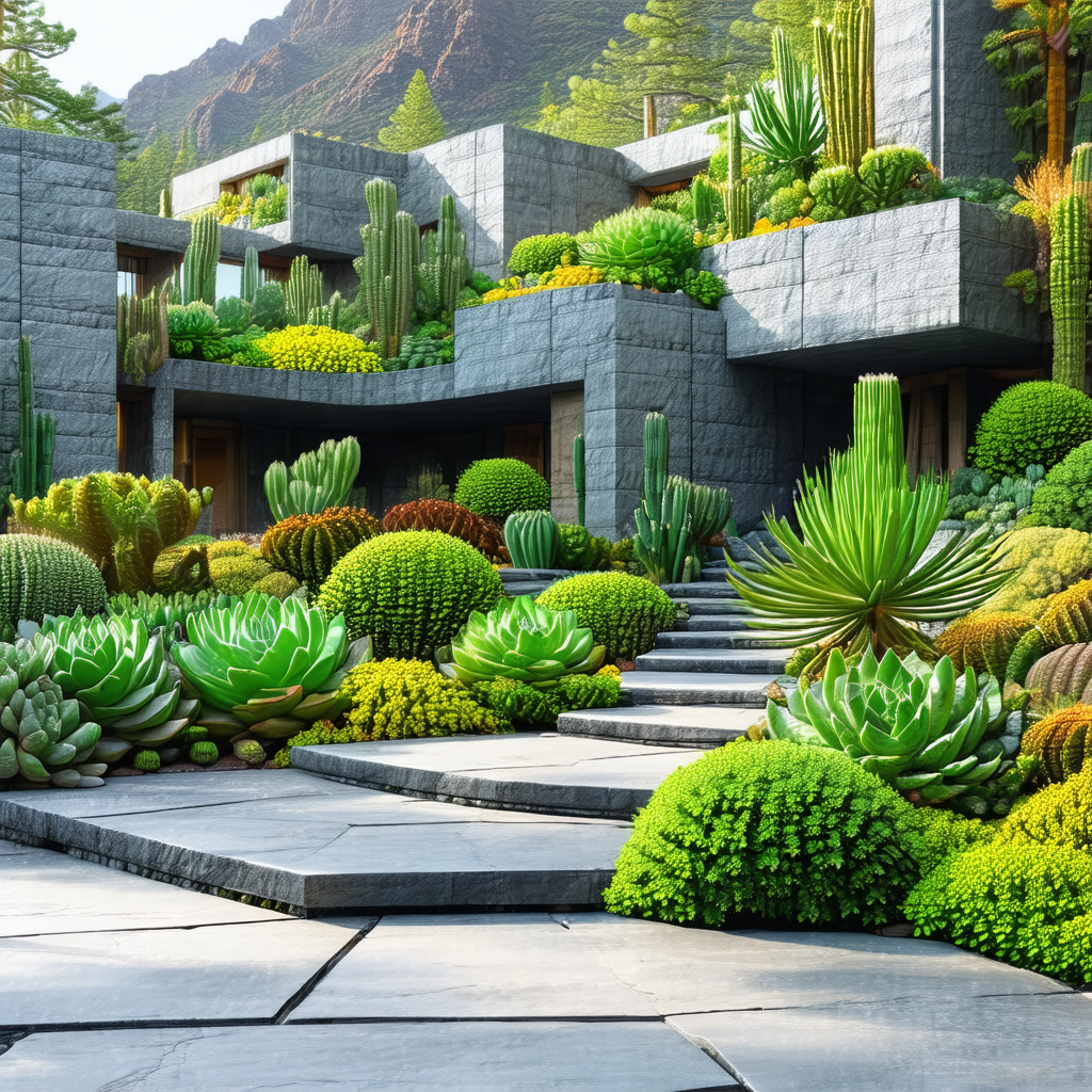 Large, modern house with a beautiful garden surrounding it
