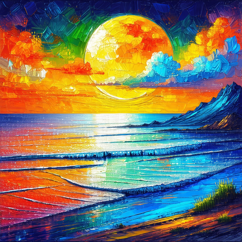 Painting of a beautiful beach scene with a sunset in the ...