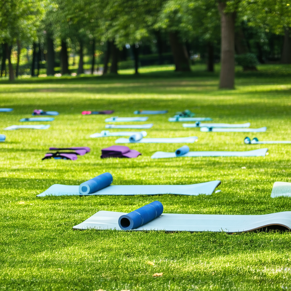 Large, grassy field with a variety of yoga mats scattered...