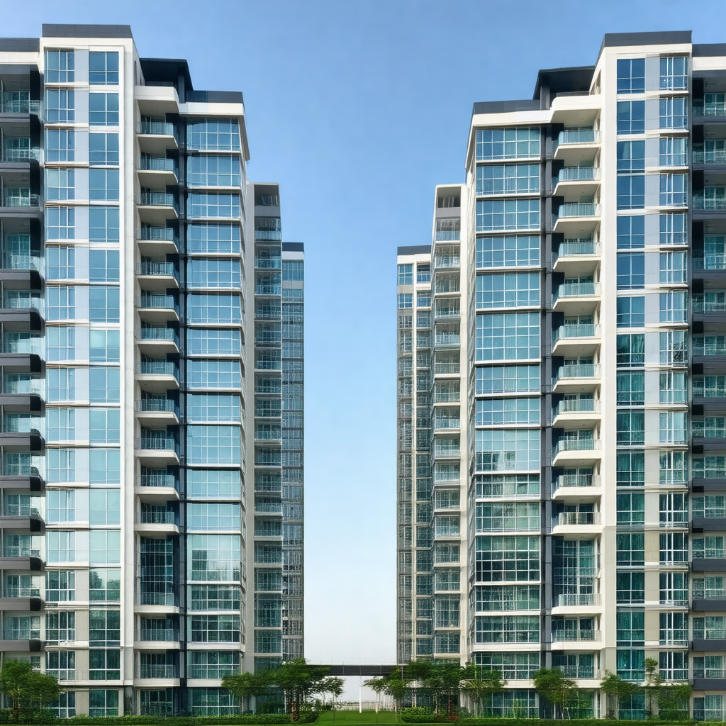 Two tall buildings, each with a row of windows