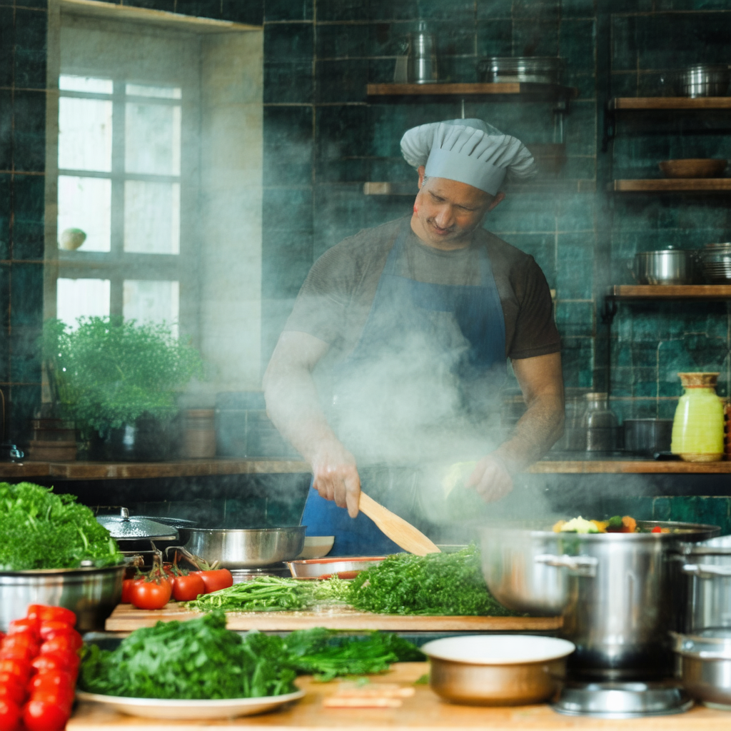 Man standing in a kitchen, preparing food