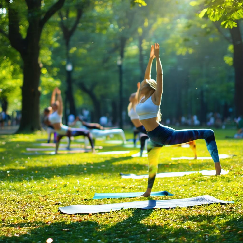 Group of people practicing yoga in a park