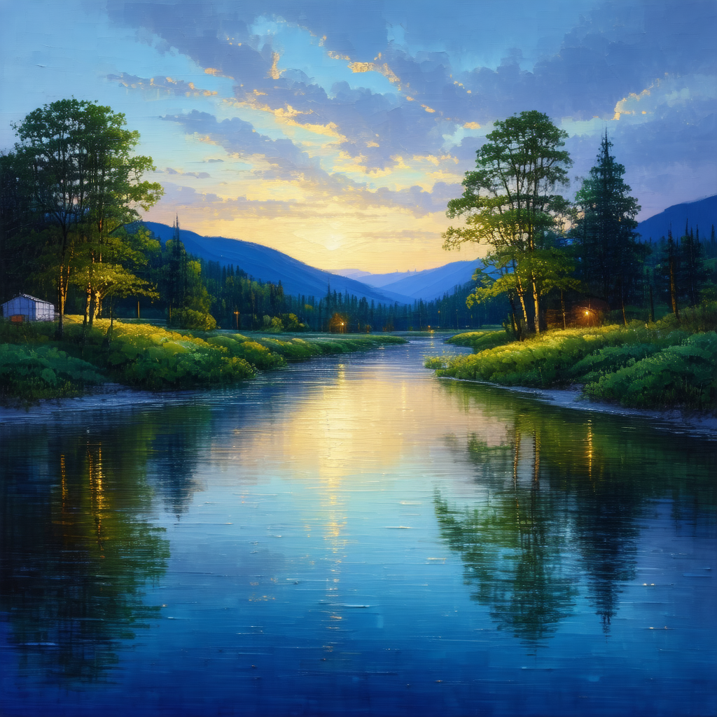 Serene scene of a river flowing through a valley, surroun...