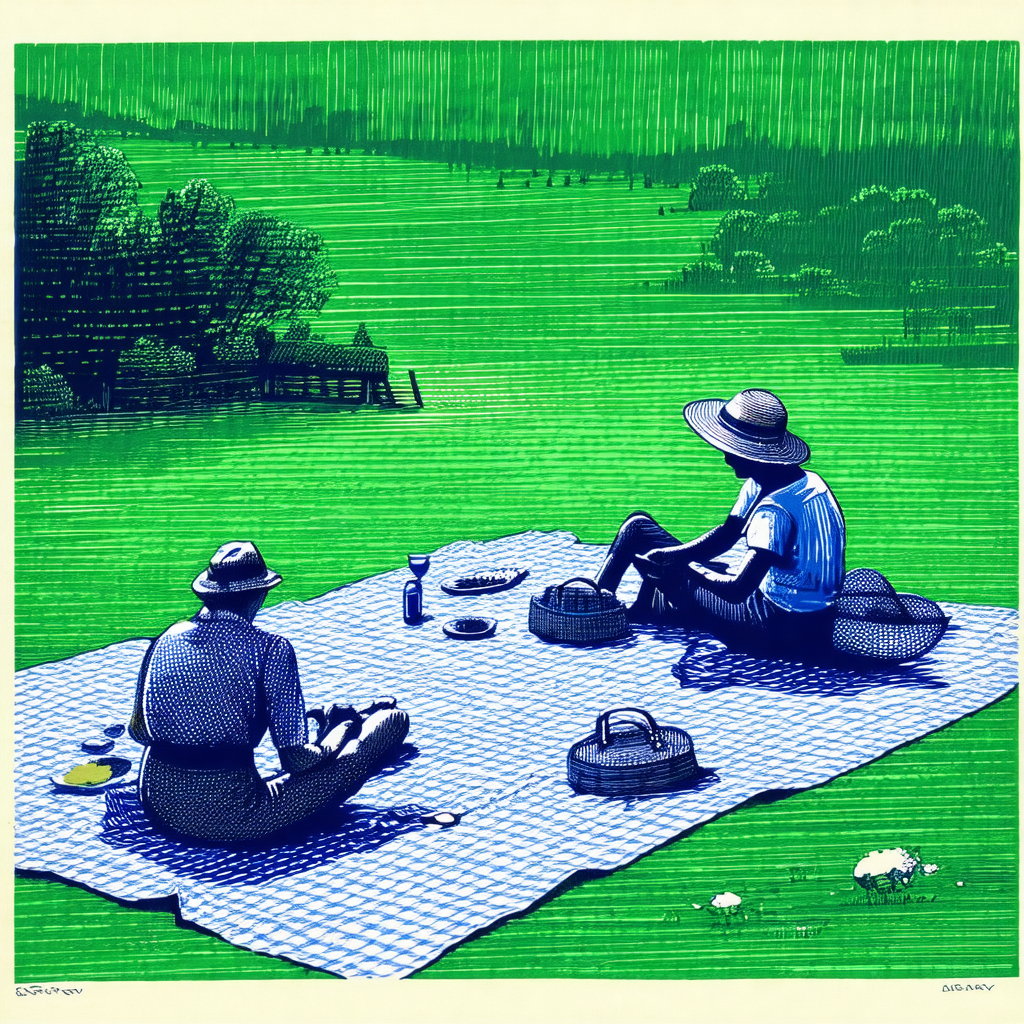 Lush green field where two people are sitting on a blanke...