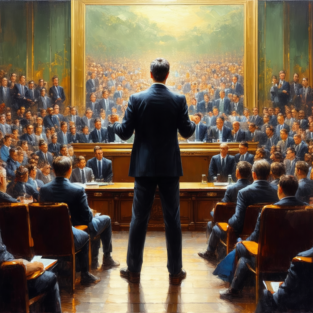 Painting of a man giving a speech to a large crowd of people