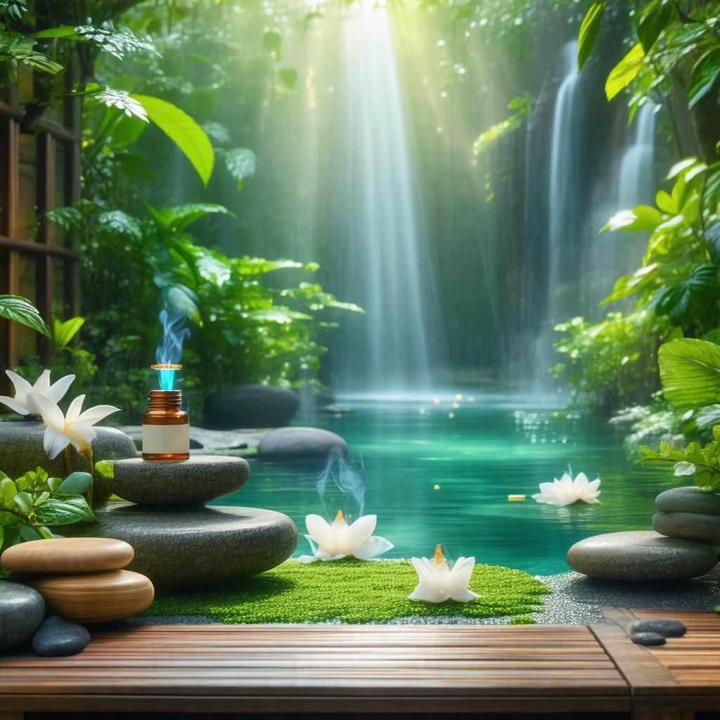 Serene scene of a waterfall surrounded by lush greenery