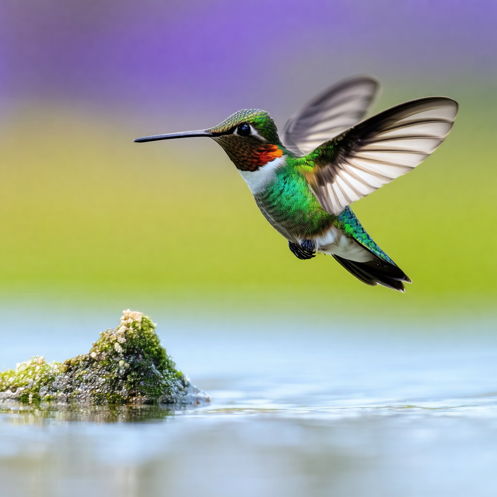 Green and blue hummingbird hovering in the air above a sm...