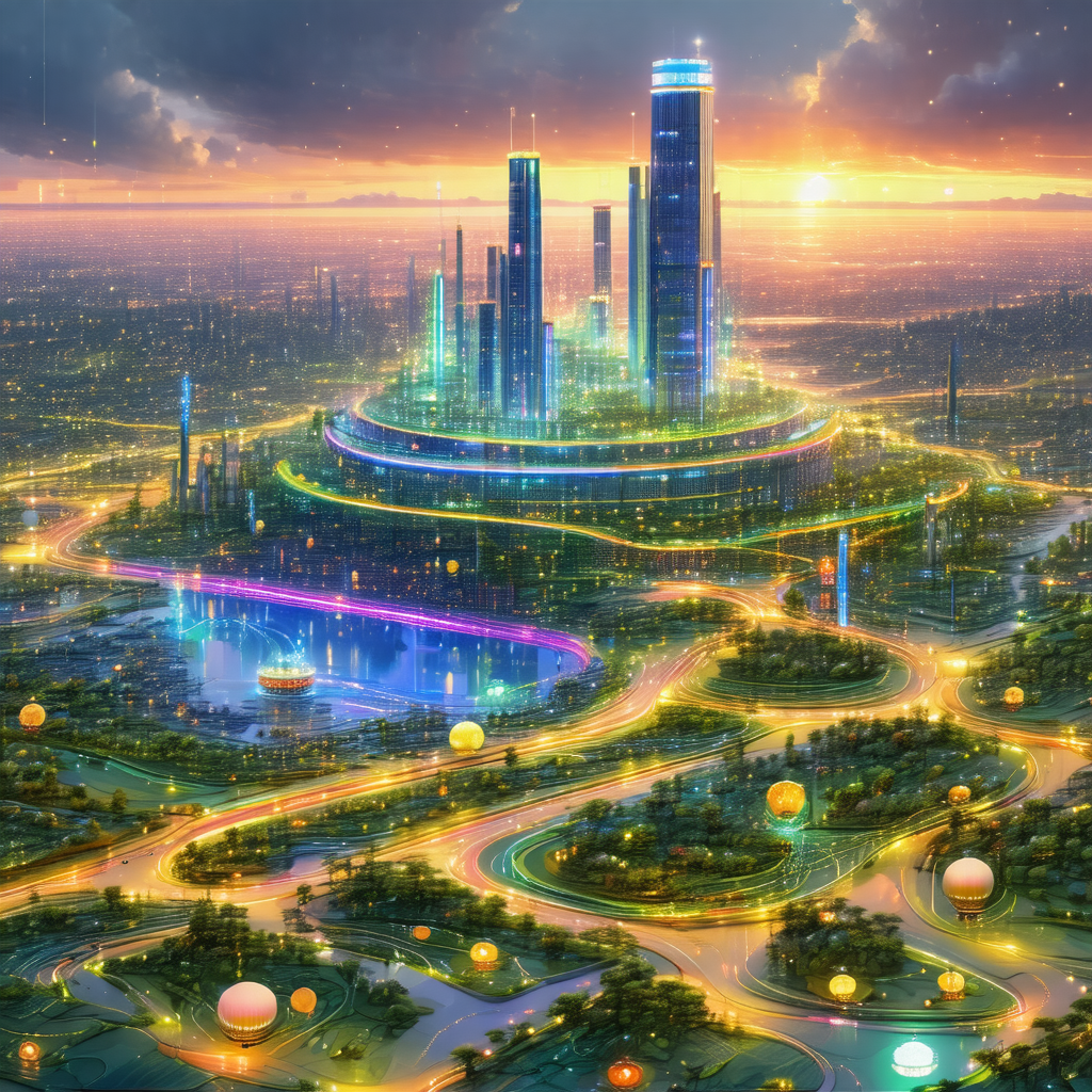 Futuristic cityscape with a large, sprawling cityscape in...