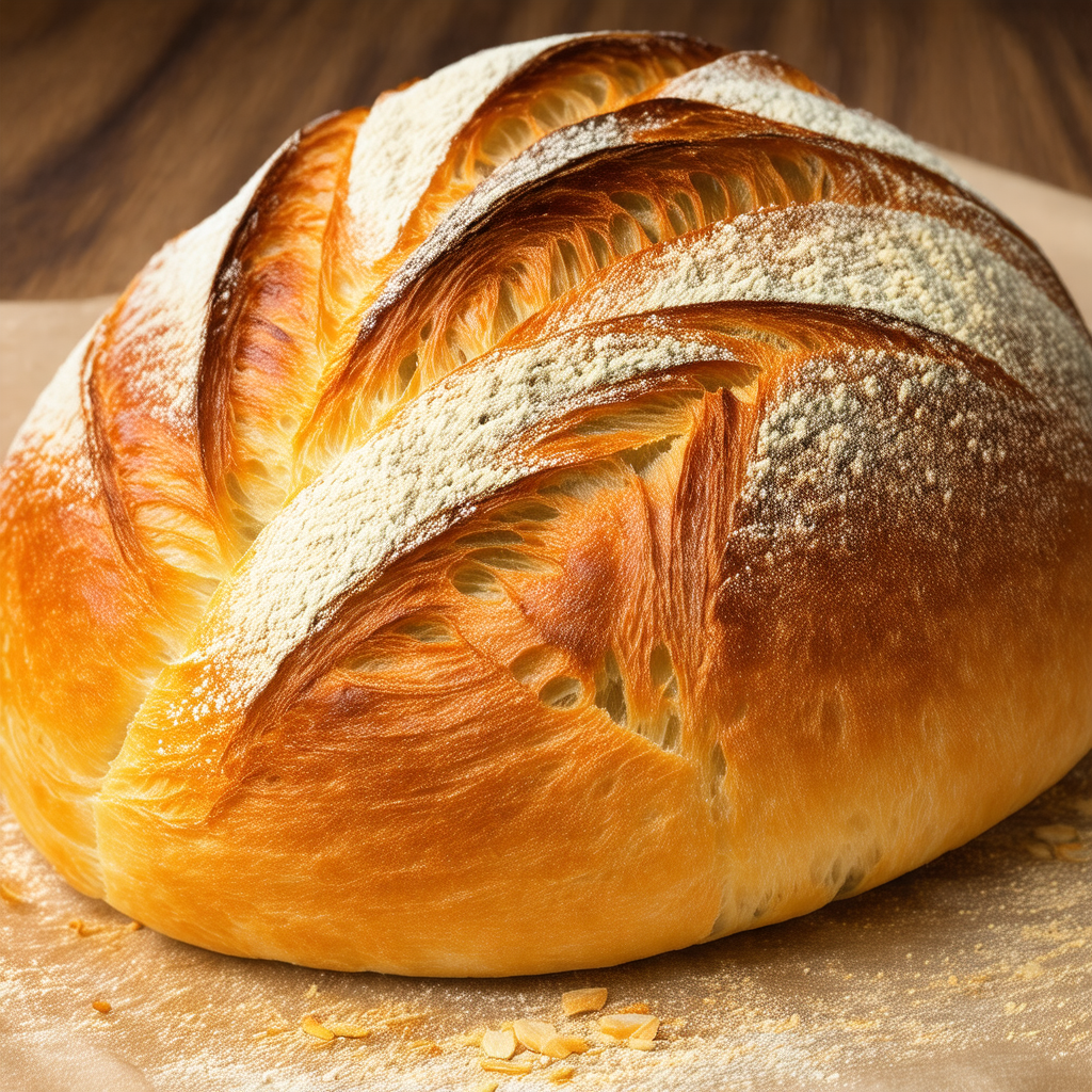 Large, freshly baked loaf of bread sitting on a wooden table