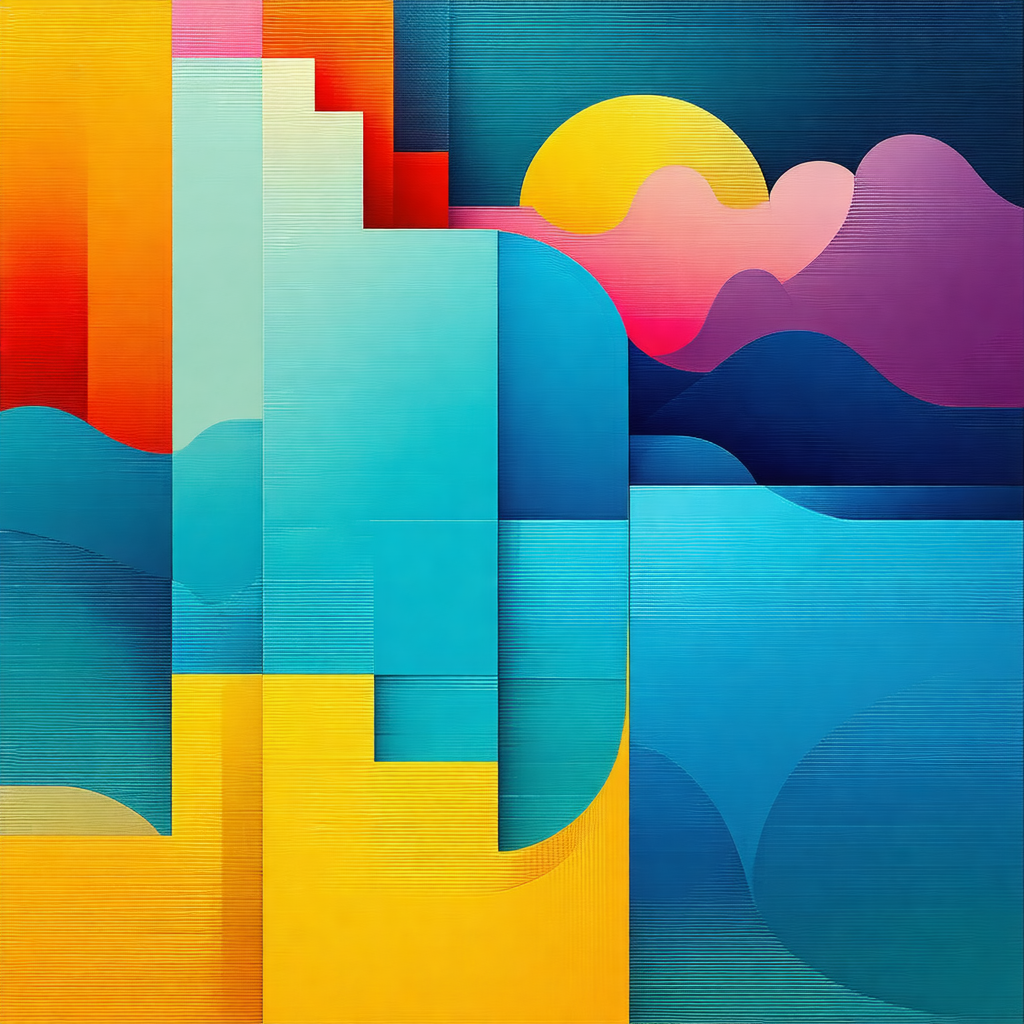 Colorful painting of a cityscape, featuring a yellow buil...