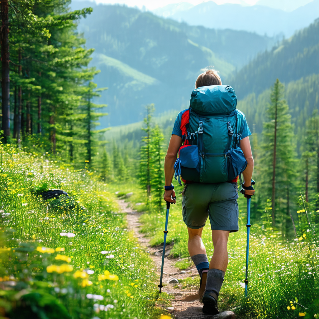 Man wearing a backpack, walking on a trail through a lush...