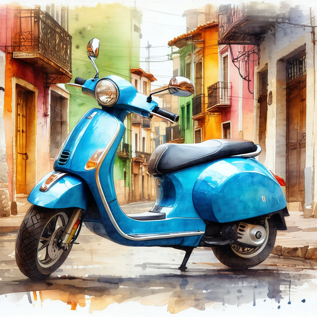 Blue scooter parked on a street in front of a building