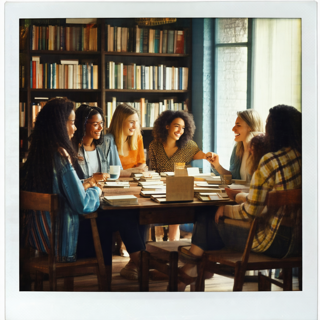 Group of young women gathered around a dining table, enjo...