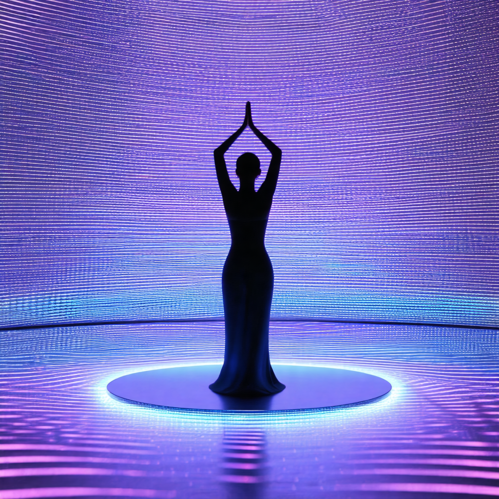 Woman standing in a room with a purple glow
