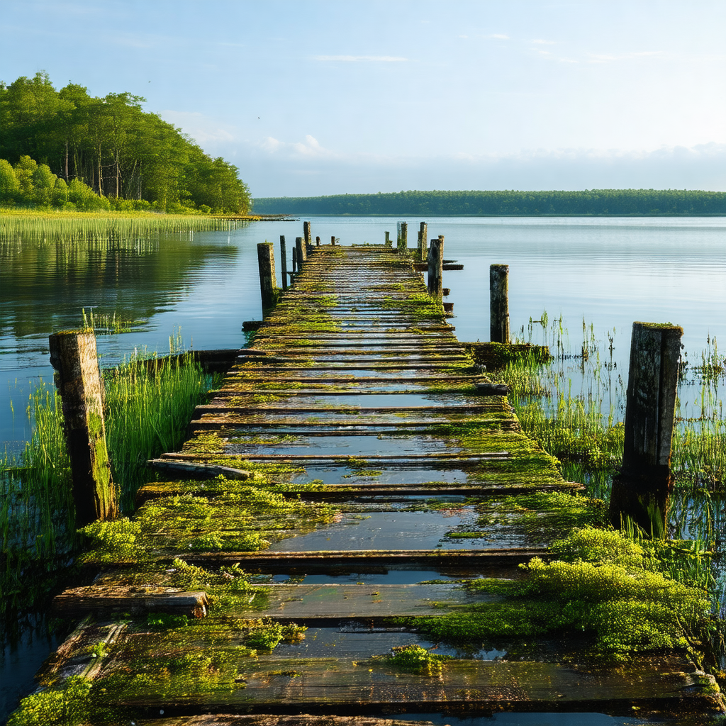 Wooden pier extending out into a body of water, likely a ...