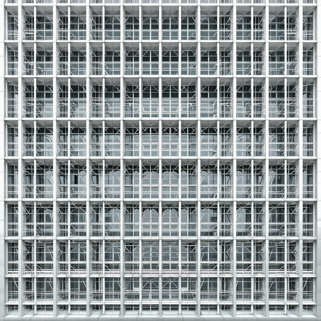 Black and white photo of a large white building with many...