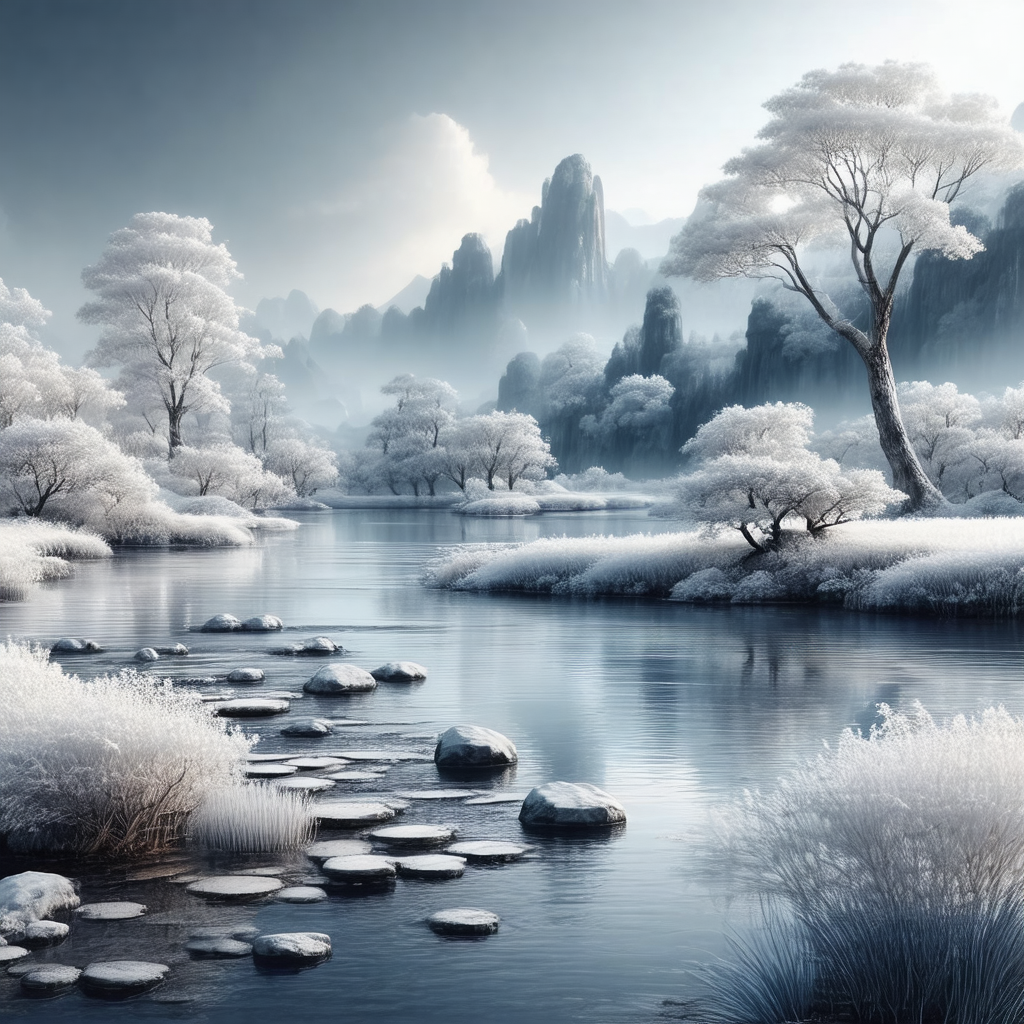 Serene winter scene with a frozen river surrounded by sno...