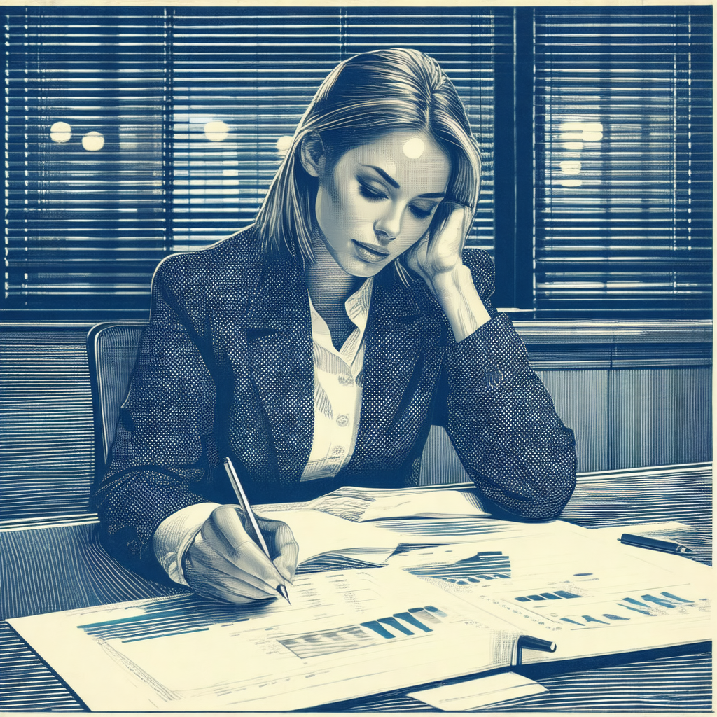 Blue and white drawing of a woman sitting at a desk, writ...