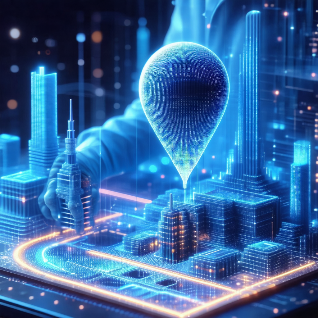 Futuristic cityscape with a large, blue, glowing globe ho...