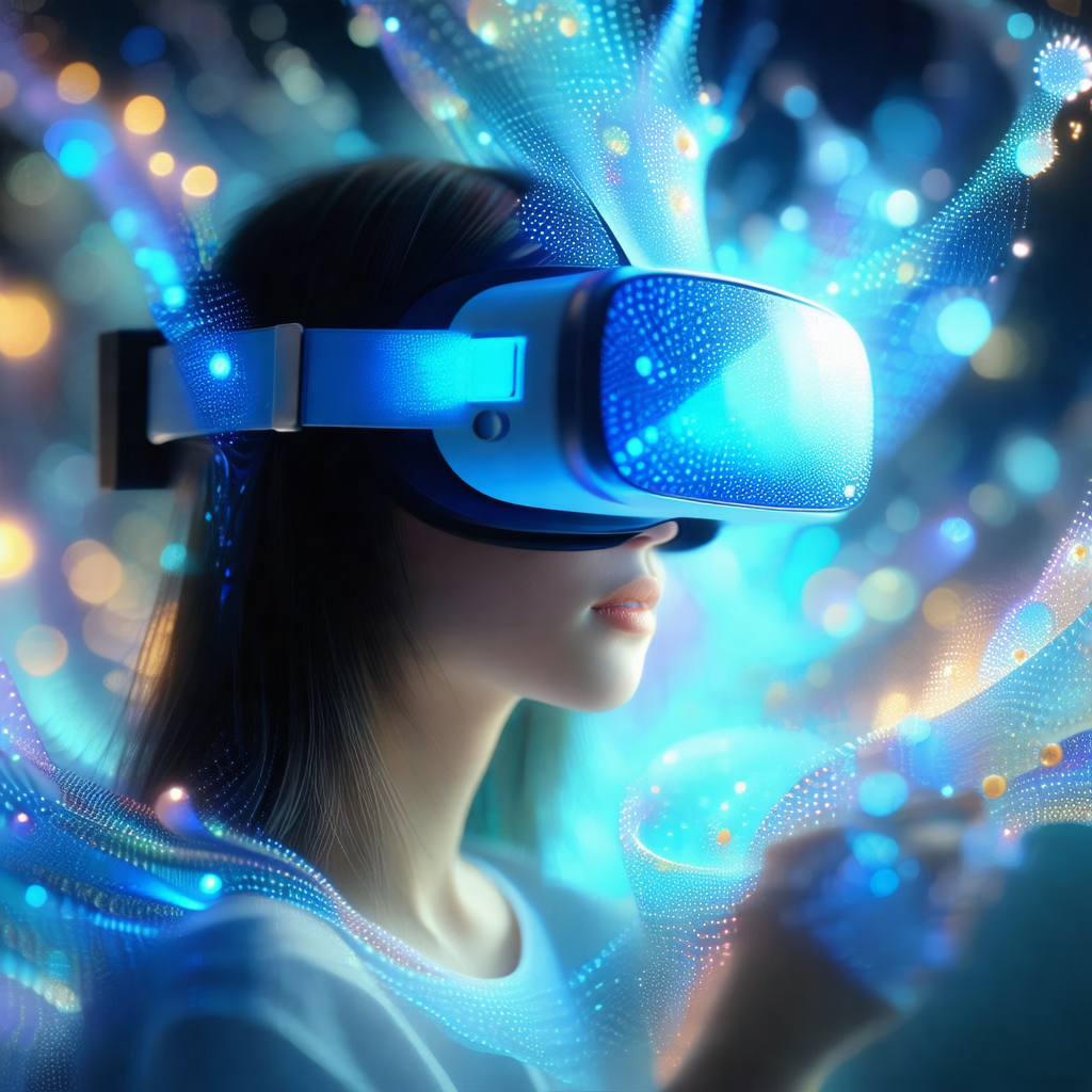 Woman wearing a white shirt and holding a virtual reality...